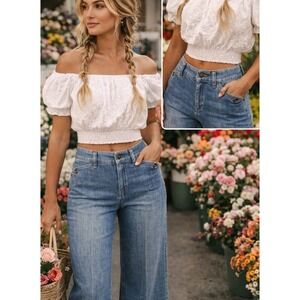 Eddie Bauer Women's Wide Leg Jeans Size 6 Specialty Dyed Blue Buttons Boho 2008